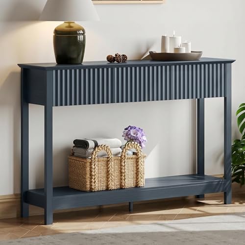 Treocho 47" Fluted Console Table with 3 Drawers, Narrow Long Entryway Table with Storage and Shelf, 2-Tier Sofa Table Behind Couch Accent Tables for Entrance Foyer, Hallway, Living Room, Blue - color: Blue
