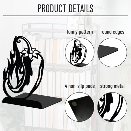 WADORN 1 Pair Chili Pepper Decorative Bookend for Shelves, Black Heavy Duty Metal Book Ends Non-Skid Book Stand Organizer Holder for Home Living Room Library Office Dorm Movies CDs, 5.3x4.3x7.9 Inch - color: Chili Pepper