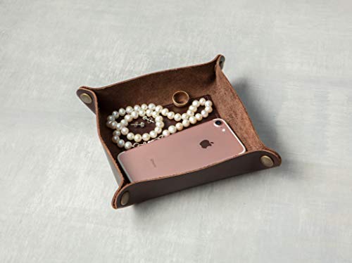 American Made Premium Leather Valet Tray, Folds Flat! Dice Rolling Basket and Organizer with Brass Rivets (Dark Walnut Brown, Medium) - color: Dark Walnut Brown, size: 5" x 5" x 2"