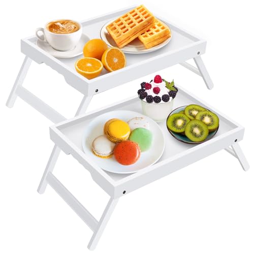 Artmeer Bed Tray Table with Folding Legs,Bamboo Breakfast in Bed for TV Table, Laptop Computer Tray,Eating,Snack Tray White 2 Pack(White) - color: White, size: Medium (Pack of 2)