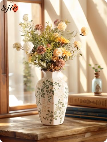Vintage Ceramic Vase - 9 Inch Hand-Painted Flowers with Ice Crackle Glaze Finish, American Farmhouse Style Pitcher Vase for Home Decor, Centerpiece, Shelf, Table, Office - color: Beige and Green-003
