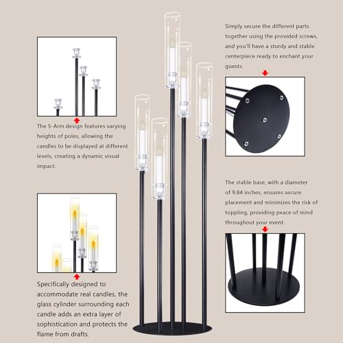 Black Taper Candle Holders for LED Candles Metal 5 Arms Candelabra Candlestick Holders for Wedding Engagement Party Decoration Tabletop Centerpieces (1, L) - size: Large