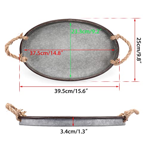 Hipiwe Galvanized Metal Iron Oval Tray with Rope Handle Farmhouse Serving Tray Rustic Industrial Decorative Centerpiece for Coffee Table Weddings and Parties Decor, Large - size: 15.4" x 9.8" x 1.6"