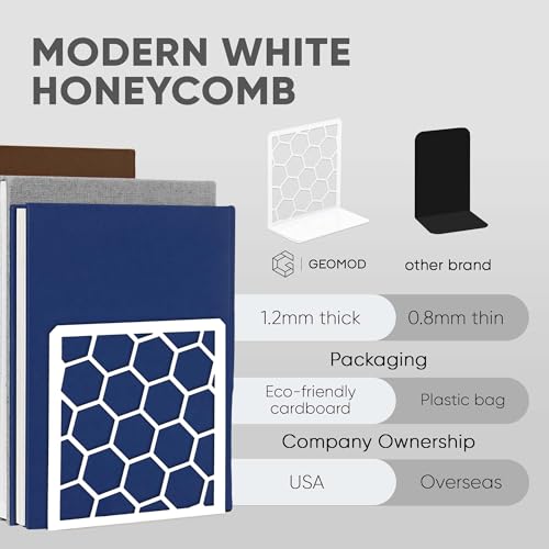 GEOMOD Geometric Honeycomb White Metal Bookends Decorative - Tall Sturdy Book Ends for Shelves - Modern Heavy Duty Bookend Stopper - Office or Home Book Shelf Book Holder - 6x3.25x6.25 Inches - 1 Pair - color: White, size: 1 Pair, style: Honeycomb