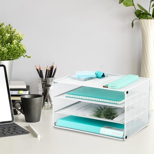 EASEPRES 3 Tier Mesh Desk Organizer Tray, Desktop Mail File Paper Letter Folder Holder Sorter Organization Rack Storage Accessories for Office Home School Classroom, White - color: 3 Tier White