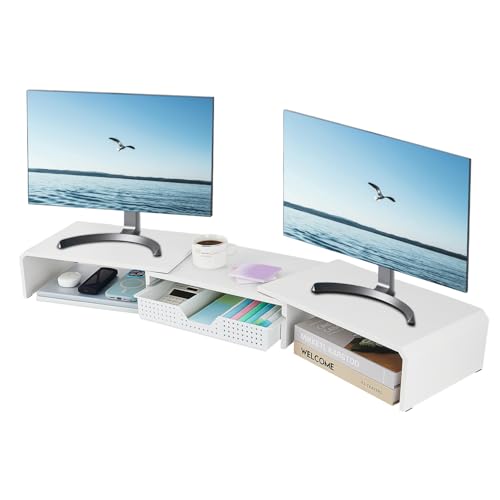 LEKETREE Dual Monitor Stand Riser with Drawer, Desk Organizer and Accessories, Metal Laptop Stand for Desk, Workspace Desktop Stand for Computer, Laptop, TV and More (White) - color: White