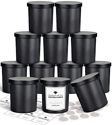 SUPMIND 12 Pack 10oz Glass Candle Jars with Lids and Sticky Labels, Empty Candle Jars for Making Candles Bulk Containers(Matte Black) - color: Black, size: 10oz