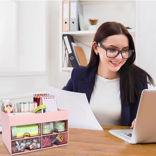 Meiikun Desk Organizer, Office Organizer with Drawer, Desk Accessories & Workspace Organizers, Pen Holder Office Supplies for Desk (4 Drawers+4 Compartments, Pink) - color: 4 Compartments + 4 Drawer (Pink)