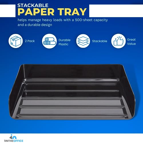 1inTheOffice Stackable Paper Tray, Legal Size Plastic Desk Tray Organizer, Side Load, Black (2 Pack)