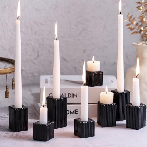 LETINE 12pcs Black Vertical Stripe Glass Candlestick Holders - Chic Taper Candle Sticks Holder Set for Elegant Dining & Home Decor - Ideal Candle Holders for Wall,Living Room,Bedroom, Kitchen Decor - color: Black