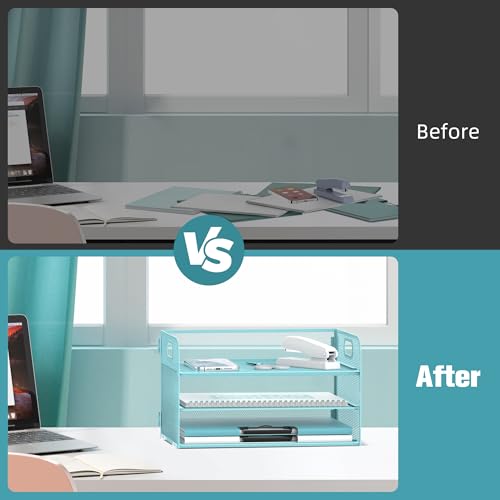 DALTACK 3 Tier Paper Organizer with Handle, Mesh Metal Desk Organizer with Sliding Paper Trays for Letter/A4 Paper, Mail, Bills & Folders, Blue - color: Blue