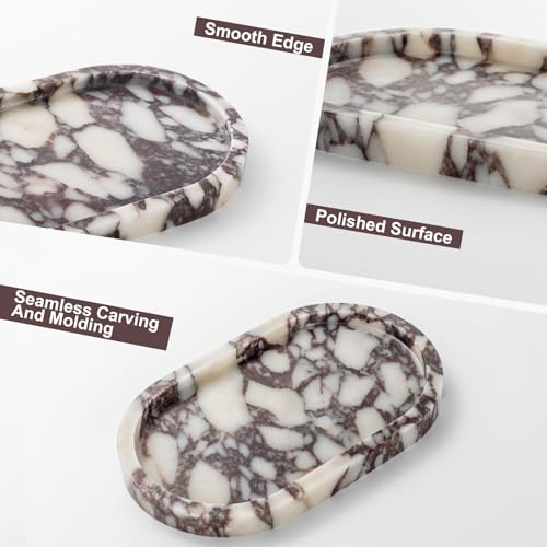 Natural Calacatta Viola Marble Tray 10"x6" - Non-Resin Bathroom Vanity Organizer & Kitchen Decor | Waterproof Oval Stone Serving Dish (Purple Portoro) - style: Calacatta Viola - 1 Pack