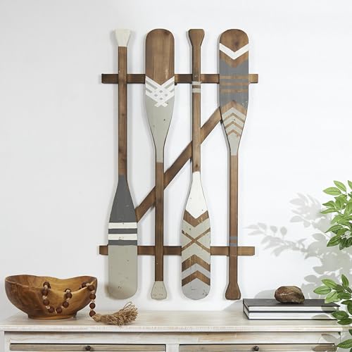 Deco 79 Wood Paddle Home Wall Decor Arrow and Stripe Patterned Wall Sculpture with Muted Blue Accents, Wall Art 21" x 1" x 36", Light Gray - color: Light Gray, size: 21"L x 1.2"W