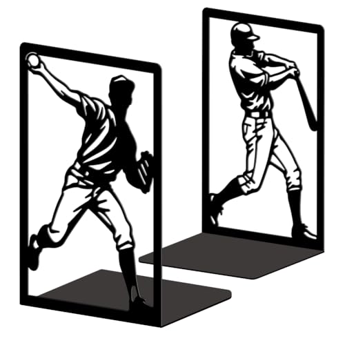 Peacoblue Metal Bookends for Shelves, Modern Decorative Heavy Duty Study Book Ends Stoppers for Office, Desk, Shelf, Room 5.3"x4.3"x7.9" Cast Iron Simple Tall Bookends 1 Pair (Baseball Athletes) - style: Baseball Athletes
