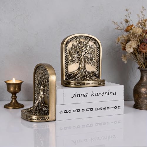 Tree of Life Bookends Set, 2 Heavyweight Bookends, Gold Finish, Ideal for Bookshelves and Bookcases, Suitable for Office, Library, or Living Room Coffee Table Decor. - color: A-gold