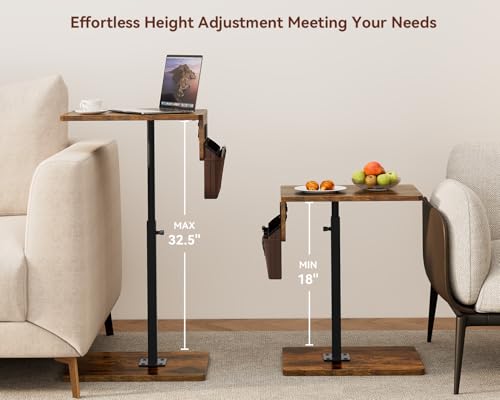 Vagusicc Sofa Armrest Tray Table for Couch - 360° Swivel Height Adjustable Side Table for Small Spaces, Snack Side Table for Bed or Chair, C Shaped End Table Snack Table for Eating Dinner Laptop - color: Rustic Brown, style: With Plug+Storage Bag
