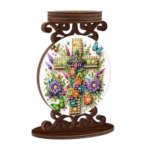 ARTopet DIY Diamond Art Painting Candlestick Holders Wooden Desk Candle Holder Ornament Double Sided Diamond Tabletop Ornaments for Home Decor-Flower Cross - color: Flower Cross