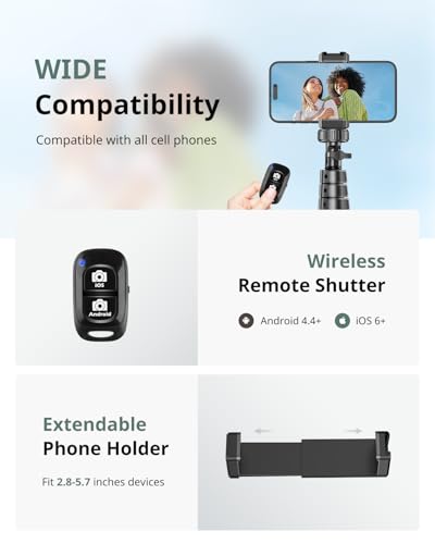 SENSYNE 62" Phone Tripod & Selfie Stick, Extendable Cell Phone Tripod Stand with Wireless Remote and Phone Holder, Compatible with iPhone Android Phone, Camera - color: Black, size: 62-inch
