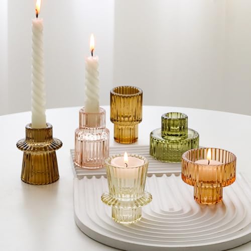 Brown Candlestick Holders 6PCS for Tealight Candle Stick Candles, Ribbed Glass Taper Candle Holders Set, Table Centerpieces for Thanksgiving Christmas Farmhouse Decor Indoor and Outdoor - color: Brown