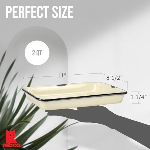 Red Co. 11 x 9 Enamelware Metal Classic 2 Quart Rectangular Serving Tray, Distressed Cream/Black Rim - color: Distressed Cream/Black Rim