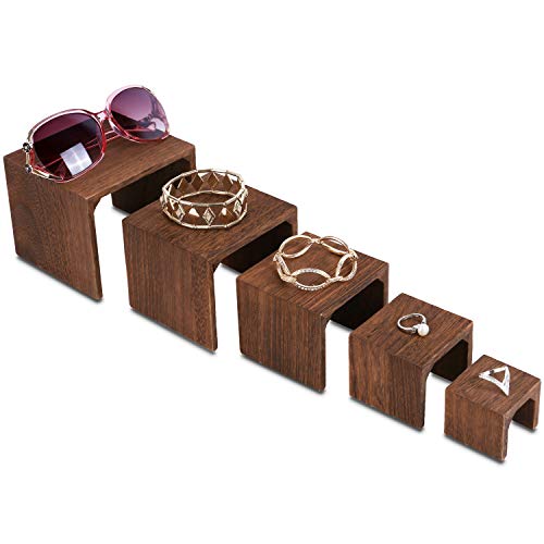 MOOCA 5-Piece Wooden Jewelry Display Risers - Multi-Function Retail Stands for Rings, Watches, Necklaces, Bracelets, and More - Various Heights, Brown Color - color: Brown N Shape, 5 Pieces