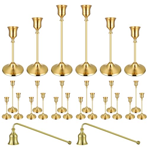 24PCS Brass Gold Taper Candle Holders Set, Vintage Metal Candlestick Holders Plus Candle Snuffer for Table Centerpiece,Wedding Reception,Festive Christmas Mantel Decoration - color: Gold - 8 Sets (24 Pcs) Plus Candle Snuffer