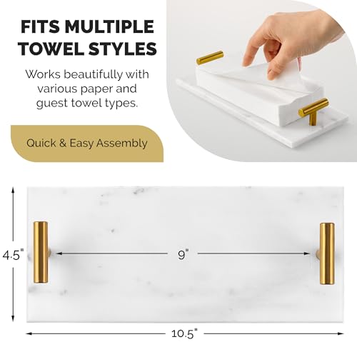 Marble Guest Towel Tray – Luxury Countertop Napkin Holder for Bathroom & Vanity, Real Natural Stone with Brass Handles, Includes Marble Care Cloth
