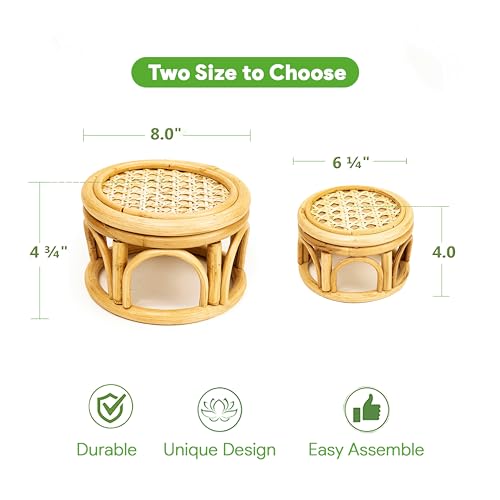 Set of 2 Small Boho Rattan Wicker Round Riser Plant Stand Indoor,Rustic Farmhouse Natural Wooden Circle Pedestal for Decor & Display, Tabletop, Office Decor - size: 6.0" & 8.0"