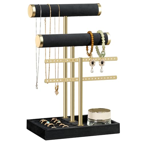bussdis 3 Tier Bracelet Holder Display - Detachable T Bar Black Velvet Bracelet Holder, Jewelry Holder Organizer for Bracelet, Necklace, Earrings, Rings - color: Black, size: Standard