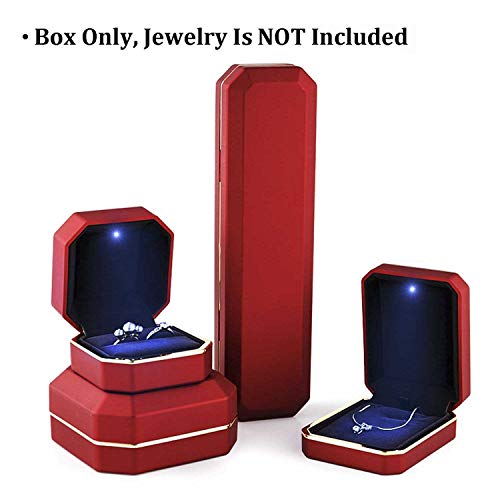 Luxury Ring Box, Square Velvet Wedding Ring Case Jewelry Gift Box with LED Light for Proposal Engagement Wedding, Red - color: Red, size: Ring Box