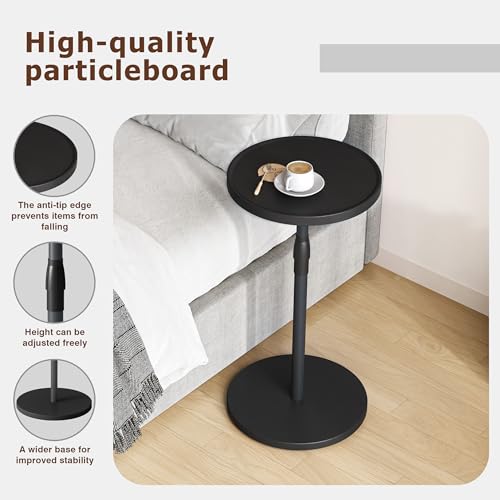 Adjustable End Table, Small Round Side Table, Drink Table for Small Spaces, Pedestal Nightstand for Living Room, Bedroom, Sofa Couch, Black Wood Grain ET-010BW - color: Black Wood Grain