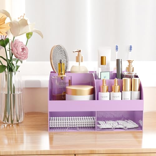 Makeup Organizer with Drawers, Cosmetic Storage for Dresser Vanity and Bathroom Countertop, Beauty Holder for Lipstick Brush, Skincare Organizer for Vanity, Cosmetic Display Case (Purple) - color: Purple