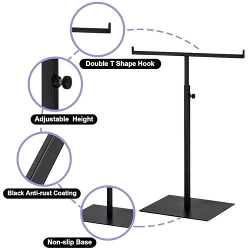 Purse Display Stand T Shaped, Countertop Jewelry/Scarf/Handbag T-Bar Display Stand, Tabletop Double Hook Hanging Stands for Long Necklaces, Metal with Adjustable Height - Black - color: Black