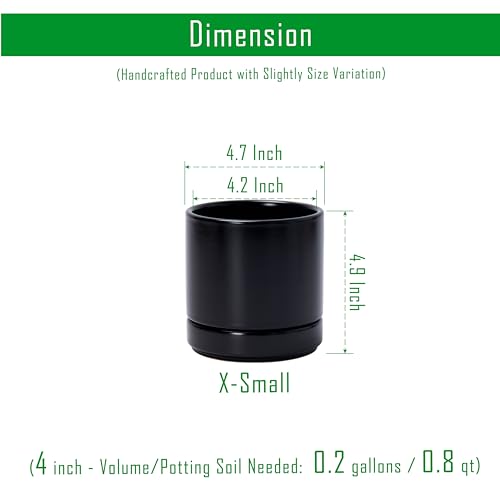 D'vine Dev Set of 2 Plants Pot, 4.7 Inch Ceramic Planter Pot for Plants with Drainage Hole and Saucer, Black, 94-V-B-2