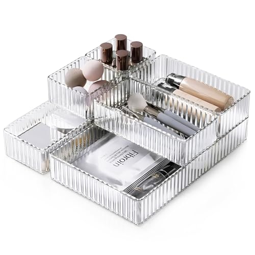 HOTOOLME 7PCS Clear Drawer Organizers Bins, 4 Size Stackable Makeup Drawer Organizer, Desk Plastic Drawer Storage Trays, Bathroom Drawer Storage for Cosmetics, Office Supply, Kitchen Utensils - style: 7 Pack