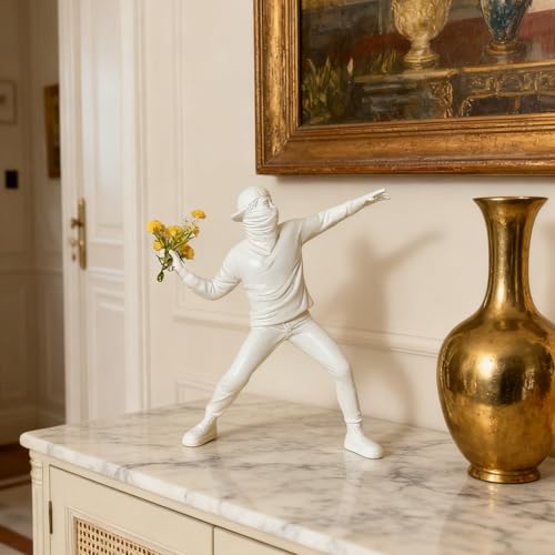 Banksy Street Graffiti Art Statue,Throwing Flower Boy Figurine,Resin Statue Ornaments,Living Room Dining Desk Decorations,Bookshelf Decorative Objects,Modern Home Decor(8.6"/White) - color: Throwing Flower Boy-white-1