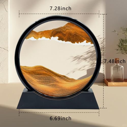 Moving Sand Art Liquid Motion, 3D Deep Sea Sandscape Color Quicksand Decor, Round Glass Moving Sand Art Picture Relaxing Desktop Home Office Work Decor (7 inch-Yellow) - color: Yellow, size: 7 inch