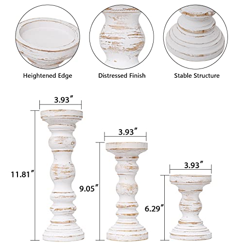 SWALLOWLIVING Rustic Farmhouse Wood Pillar Candle Holder Set of 3 for Candlestick, White - color: White