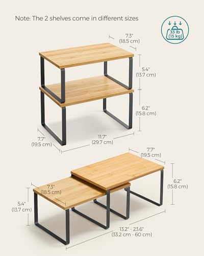 SONGMICS Cabinet Organizer Shelf, Set of 2 Kitchen Counter Shelves, Kitchen Storage, Spice Rack, Stackable, Expandable, Metal and Engineered Wood, Ink Black and Natural Beige UKCS02NB - color: Ink Black + Natural Beige, size: 11.7"W