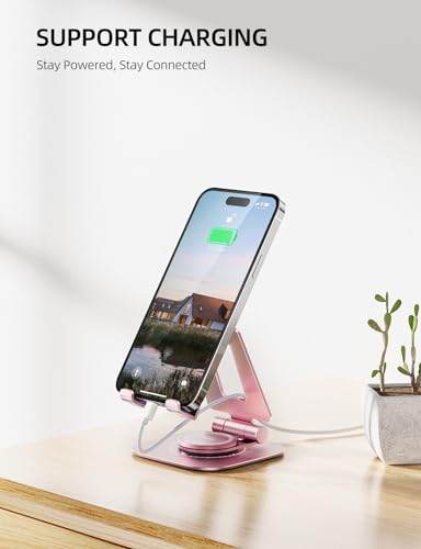 Nulaxy Rotatable Cell Phone Stand, Fully Adjustable Foldable Desktop Phone Holder Cradle Dock, Thick Case Friendly, Compatible with All Phones, Nintendo Switch, Rose Gold - color: B-Rose Gold