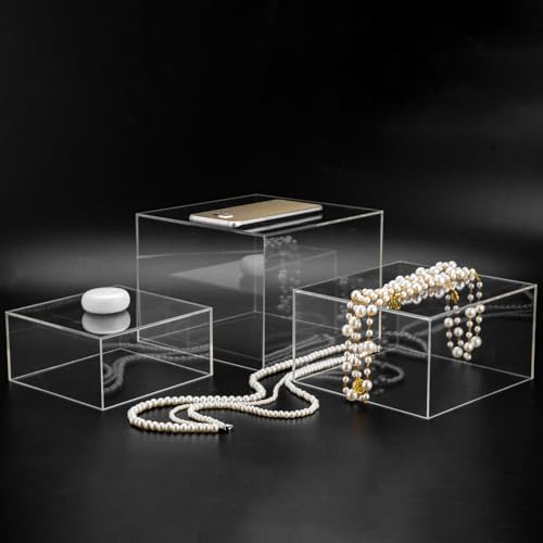 Clisela 3pcs Acrylic Cube Display Stands Box Risers with Hollow Bottoms, Food Risers for Buffet Table, Decorative Display Stand Shelf for Dessert Collectibles Jewelry Figures Show - Clear 6" 7" 8" - size: (6,7,8)"- Clear