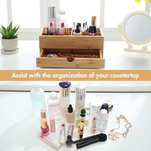GOBAM Bamboo Makeup Organizer and Storage with Drawer, Wooden Cosmetic Organizer Countertop for Bathroom, Bedroom, Kitchen & Dresser, Desk Organizer with Drawers and Make up Vanity Station - Medium - size: Medium