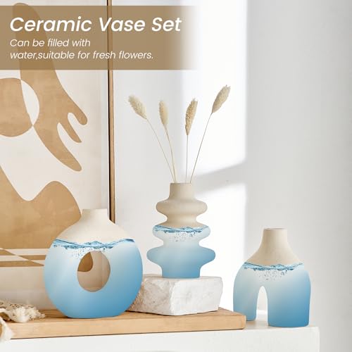 White Ceramic Vase Set of 3, Modern Boho Vases for Home Decor, Small Flower Vases for Pampas Grass, Round White Vases Centerpieces for Wedding Coffee Table Shelf Living Room Bedroom Entryway - color: White