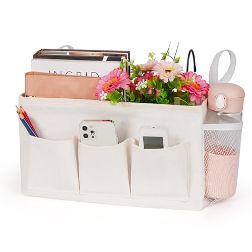 Lilithye Bedside Caddy Storage Organizer with Fixed Straps and Water Bottle Holder for Home, College, Dorm, Bunk/Hospital/Crib Bed Rails, White - color: White