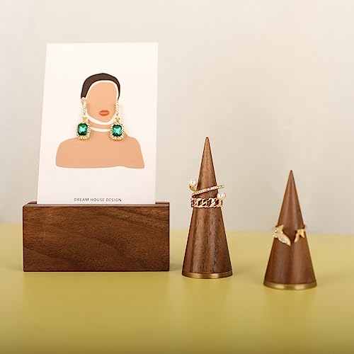 GemeShou wood ring holder for jewelry, 2pcs ring display stand with brass base, walnut ring cone stands for jewelry selling【Ring holder-2pcs】