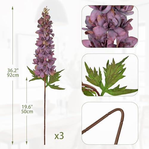 Briful 3PACK Artificial Delphinium Flowers – 36.2in Tall Faux Larkspur Silk Floral Stems Purple Fake Delphinium Flower for Indoor Home Decor Vase Arrangements - color: Purple