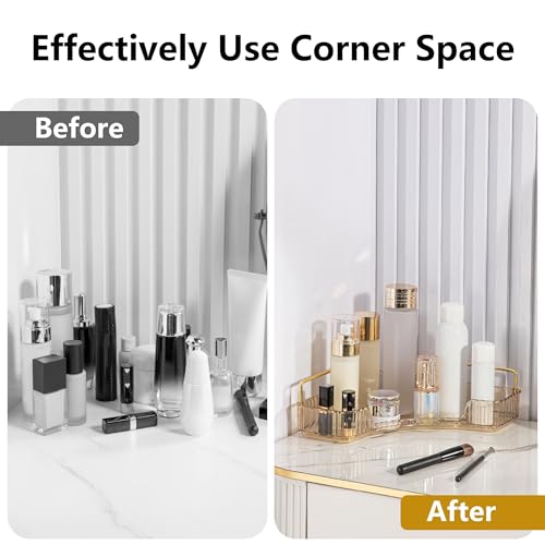 YCIA&DONE Corner Bathroom Counter Organizer, Makeup Organizer for Vanity, Skincare Cosmetic Perfume Tray, Corner Countertop Shelf Rack Storage for Bathroom Kitchen 1 Tier (Amber Gold) - color: Yellow, size: 1-Tier