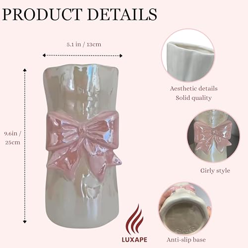 Bow Flower vase, Bow vase for Flowers, Pink Bow Ceramic Vase – Cute Vase with Shiny Glaze, Modern vase Decor (Pink Bow)