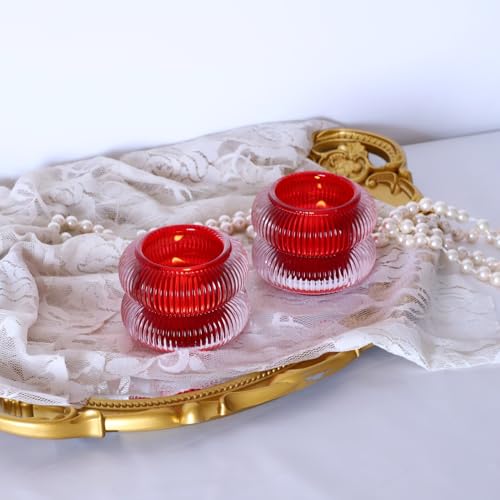 Woho Ribbed Glass Votive Candle Holders Set of 6, Red Tealight Candle Holder for Wedding Table Decor, Vintage Tea Lights Candle Holder for Christmas/Valentines Day Decorations (Red, 2.1" H X 2.75" D) - color: Red