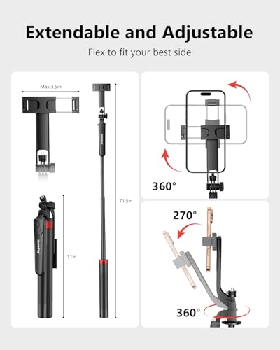 Aureday 72" Phone Tripod and Selfie Stick, Cell Phone Tripod Stand with Wireless Remote & Extendable Phone Mount for Travel/Selfie/Recording/Vlogging, Compatible with iPhone/Android/Camera - size: 72in